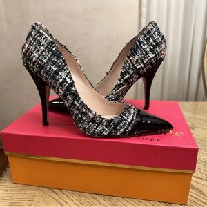 Kate Spade Multicolor Tweed Heels with Black Patent Toe